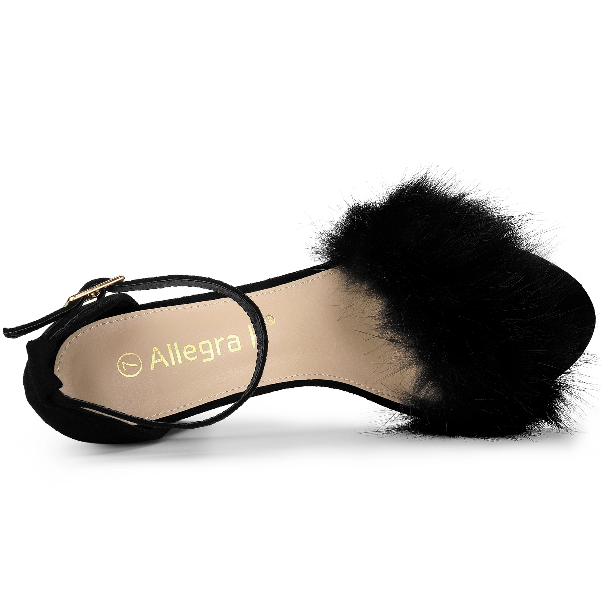 BLISSFUL STEP Women's Faux Suede Fur Ankle Strap Buckle Block Heels Sandals