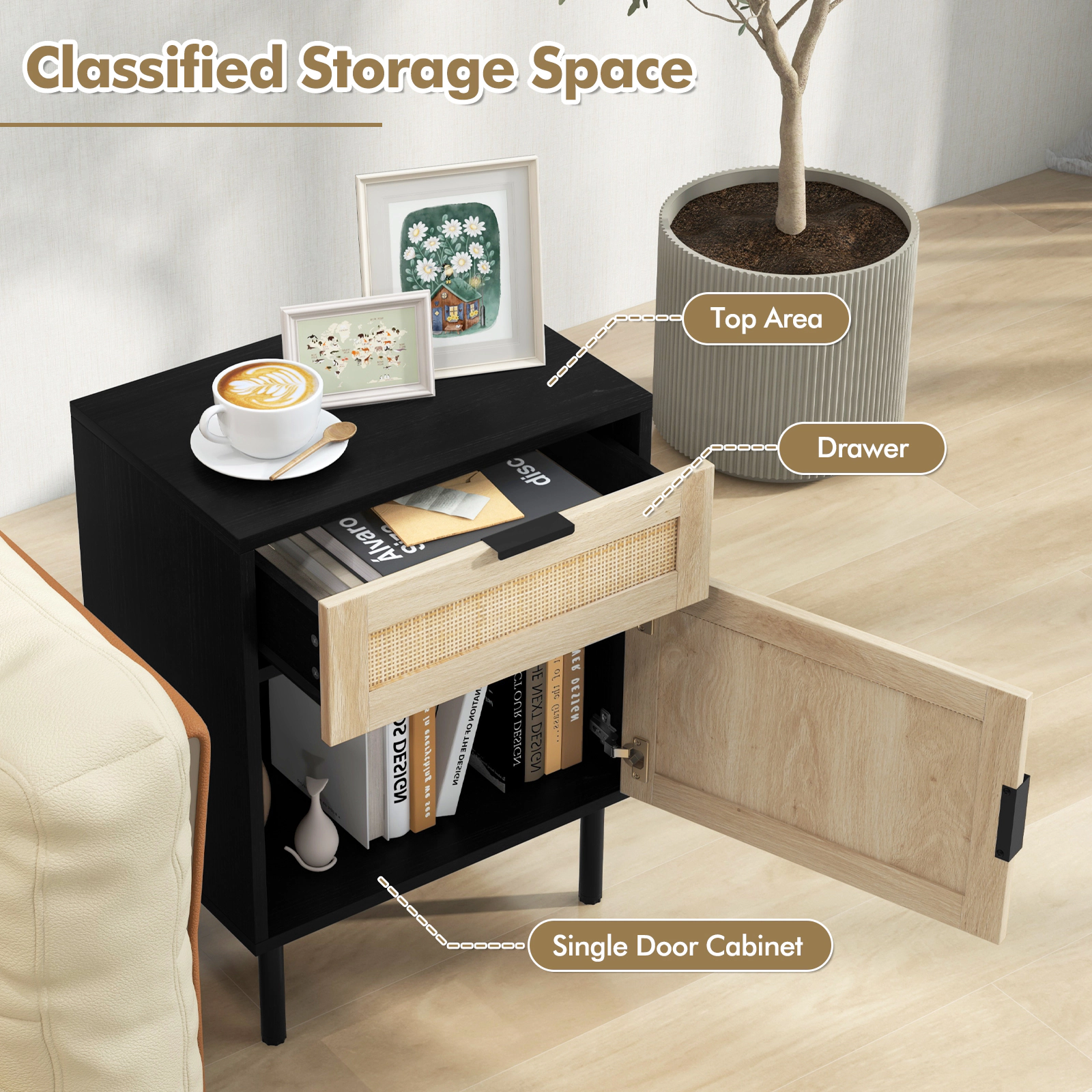 Hivvago Rattan Nightstand Set of 2 with Drawer and Cabinet