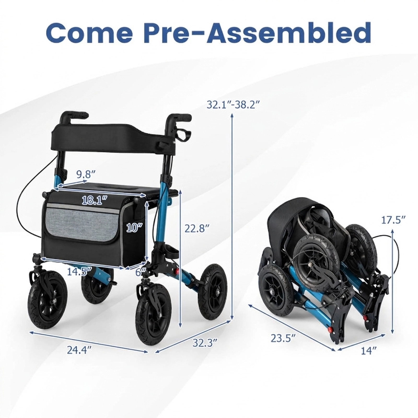 SUGIFT Folding Aluminum Rollator Walker with Seat and Storage 308-lb Capacity Adjustable Height All Terrain Navy