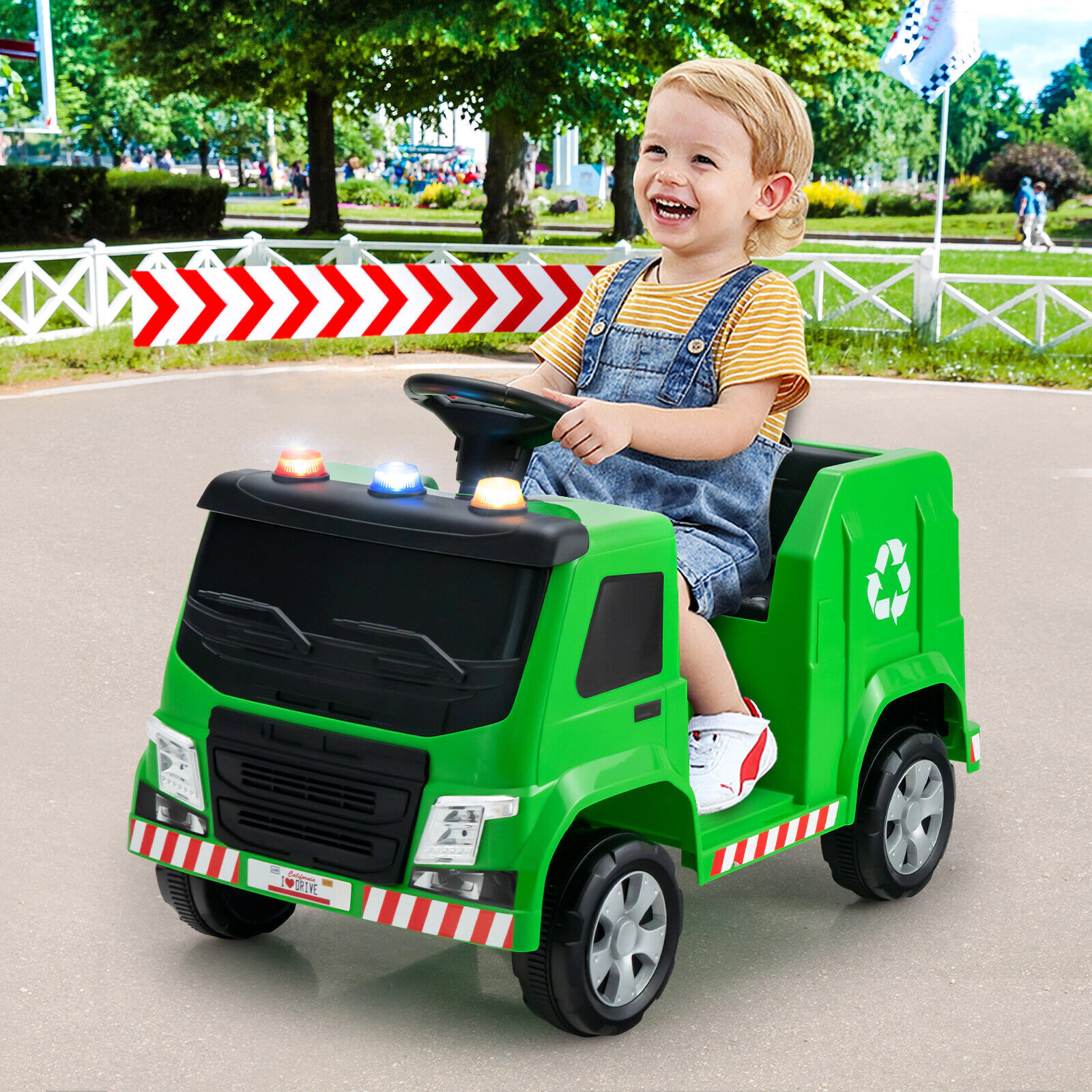 SUGIFT 12V Ride-On Garbage Truck with Remote Control Warning Lights 77-lb Capacity Green