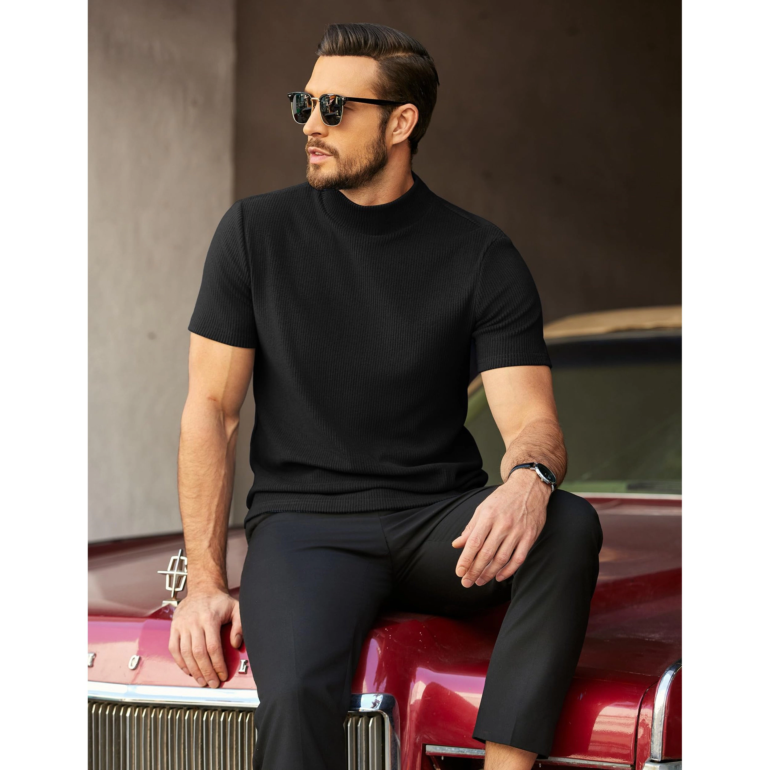 COOFANDY Men's Slim Fit Ribbed Knit Short Sleeve Mock Neck T-Shirt