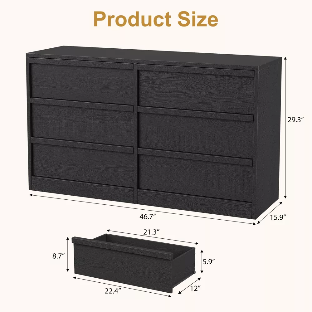 6 Drawer Modern Handleless Dresser, 47" Wide Wooden Storage Organizer for Bedroom Living Room Nursery