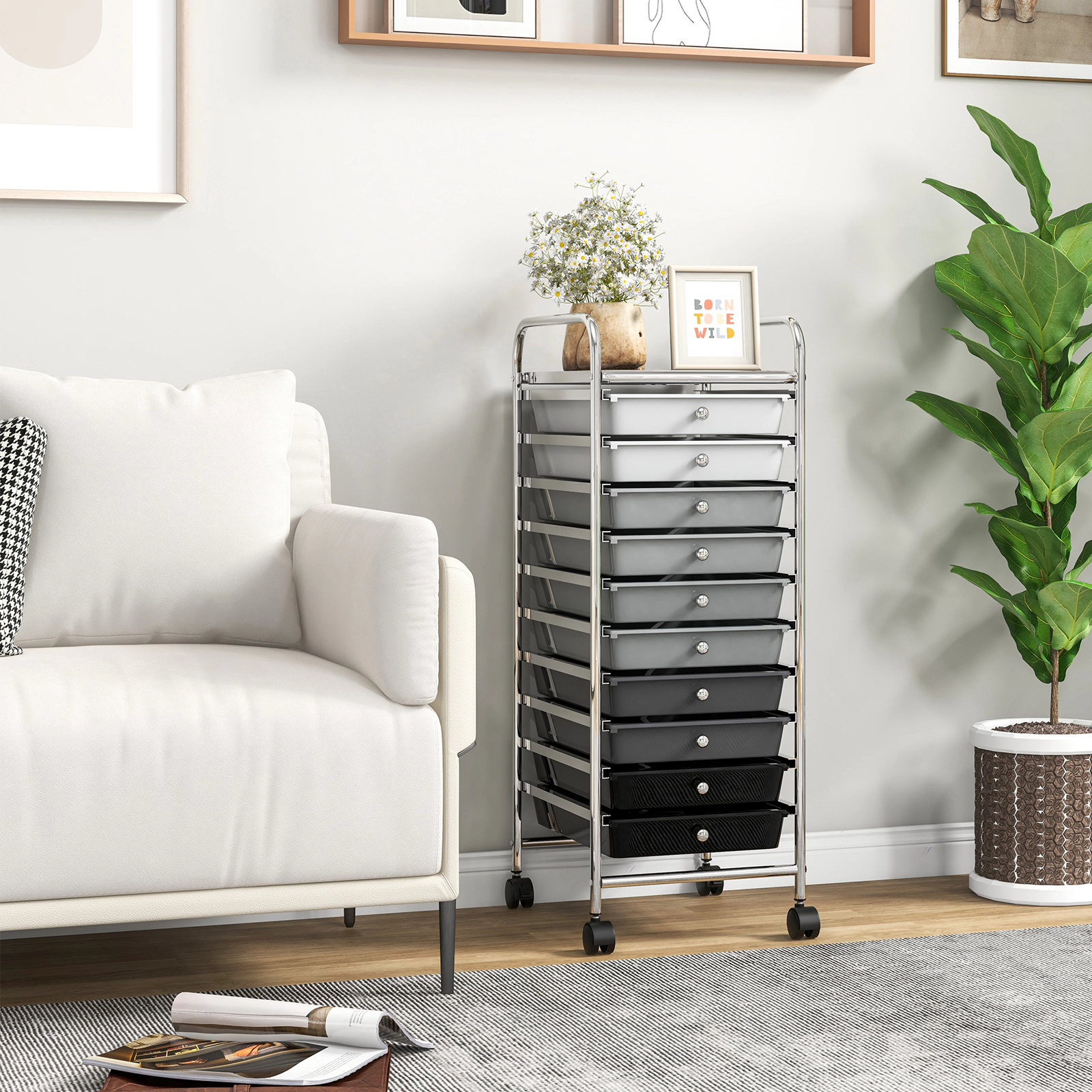 SUGIFT 10-Drawer Rolling Storage Cart Organizer with 3-lb Drawer Capacity and 4 Universal Casters Gradient Gray