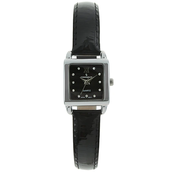 Peugeot Women's 20mm Square Watch with Glossy Black Leather Strap