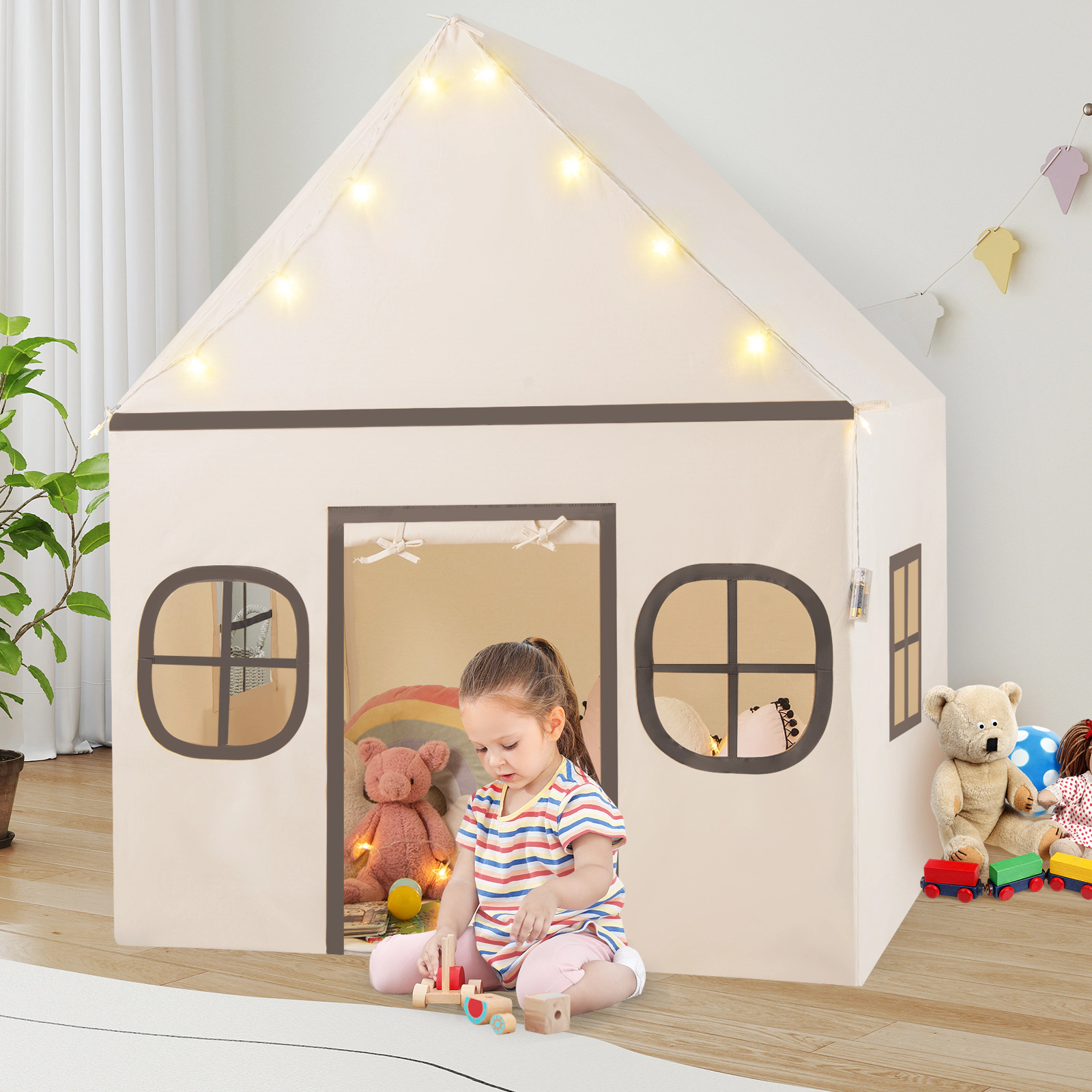 SUGIFT 47-in Large Kids Play Tent Playhouse with Door Curtain Windows and Star Lights Ages 3+ Beige and Gray