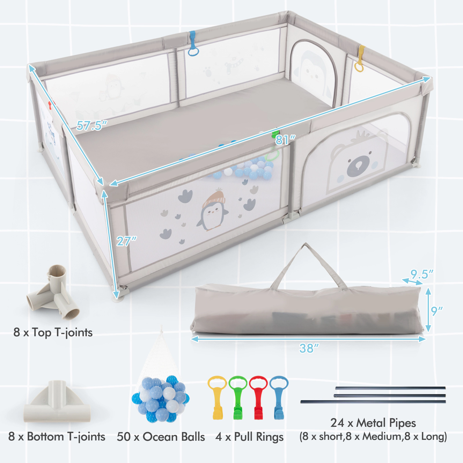 Slickblue Extra Large Toddler Play Yard with Pull Rings