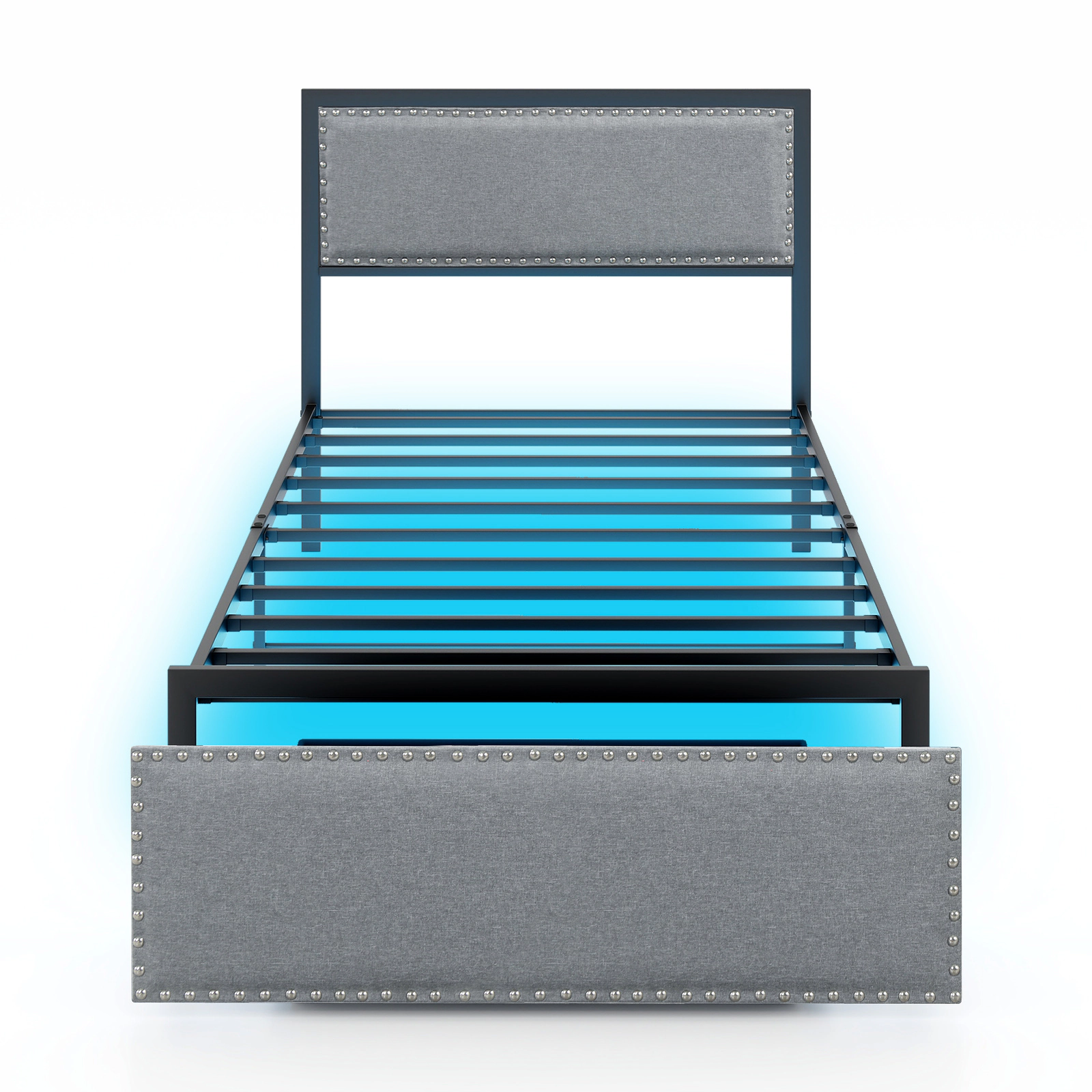 SUGIFT Upholstered Twin Bed Frame with LED Lights Drawer and Metal Slats 1000-lb Capacity 77-in x 42-in Frame Gray