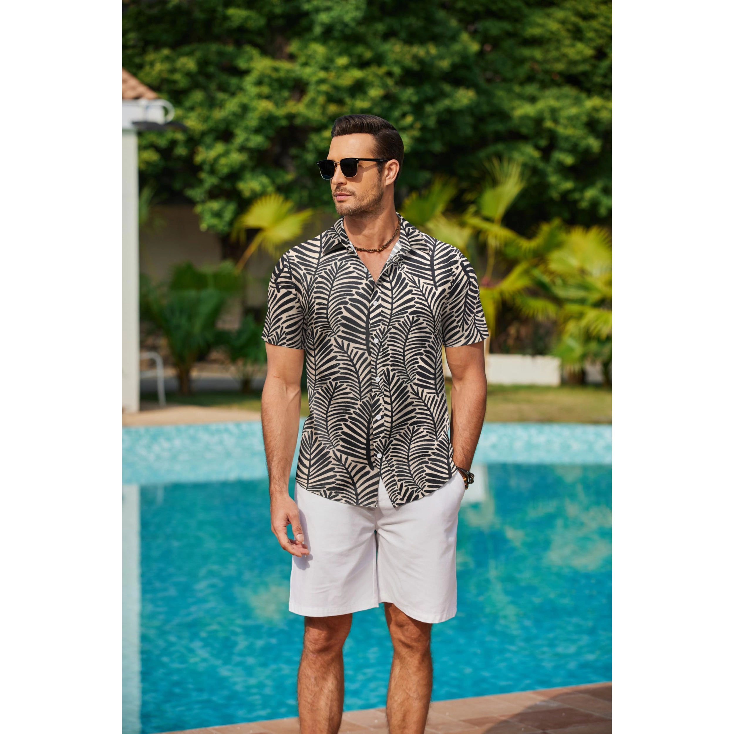 COOFANDY Mens Tropical Leaf Print Shirt Short Sleeve Camp Collar Button Down Tops
