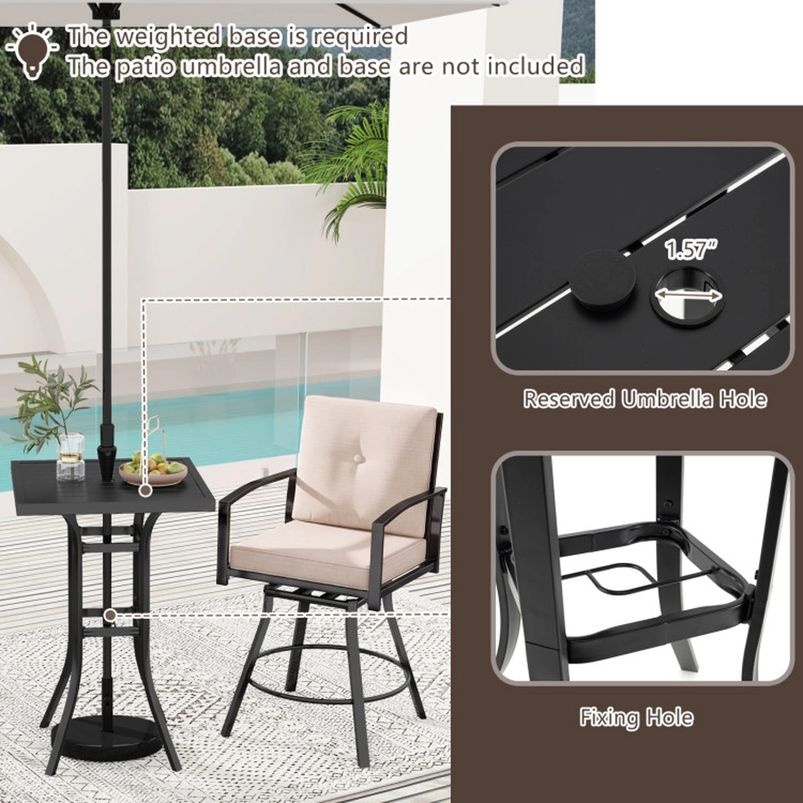 SUGIFT 3-Piece Black Outdoor Patio Bar Set with 360-Degree Swivel Stools and Square Table