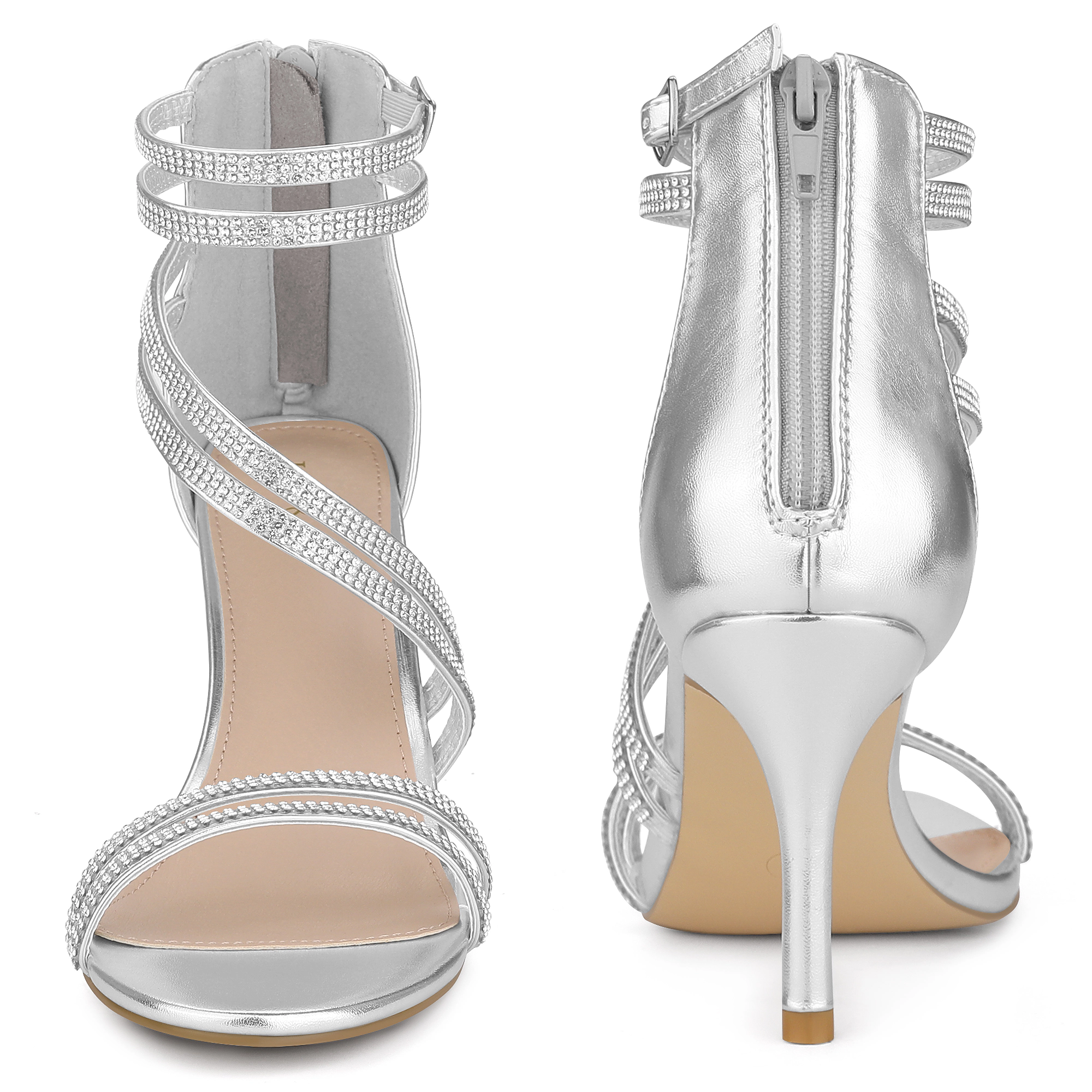 BLISSFUL STEP Women's Stiletto Heel Strappy Rhinestone Open Toe Ankle Strap Sandals