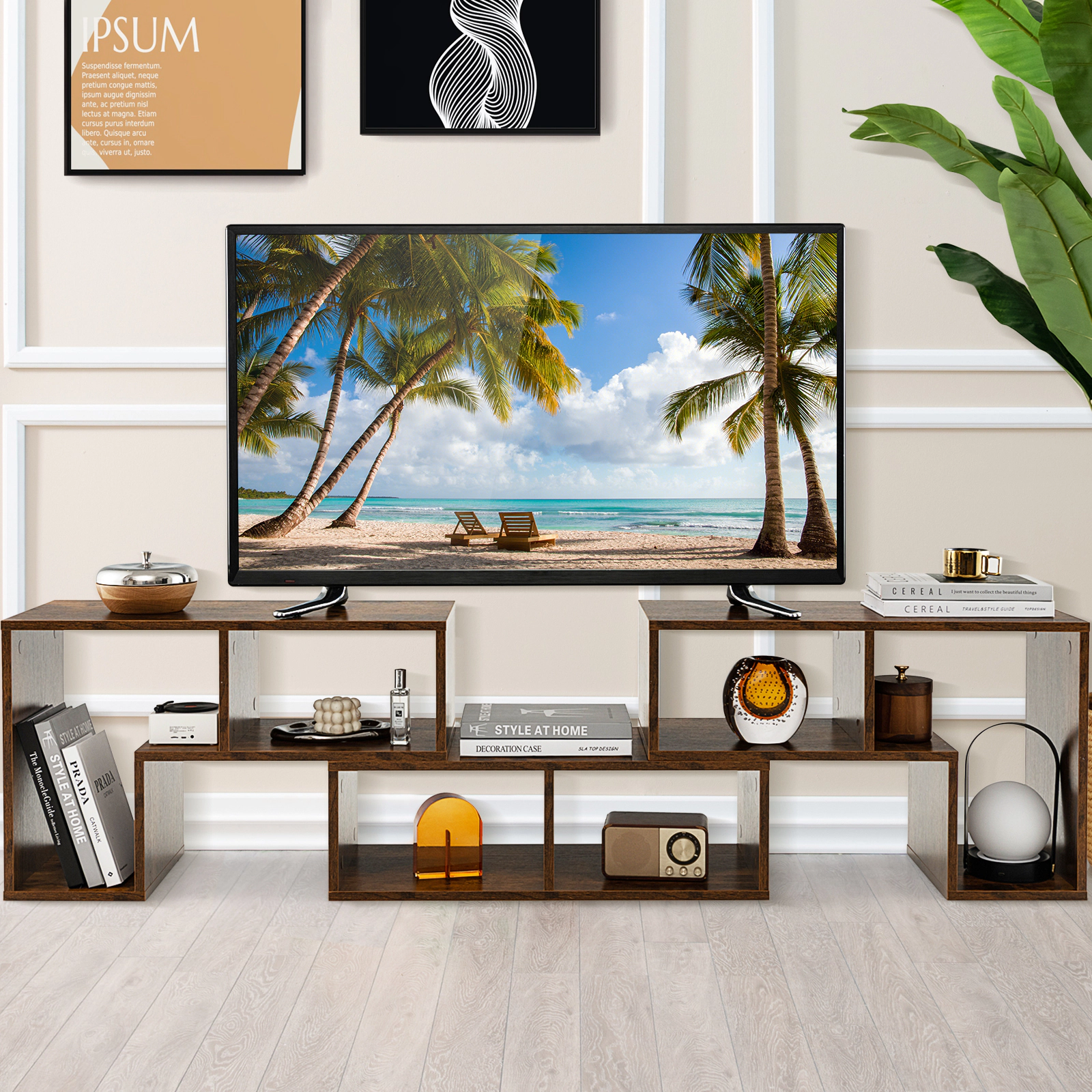 SUGIFT 3-Piece Brown Modular TV Stand for TVs up to 65 Inches, 6 Open Cubbies