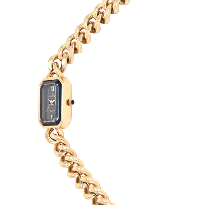 Peugeot Women's 14K Gold-Plated Rectangular Black Dial Link Bracelet Watch