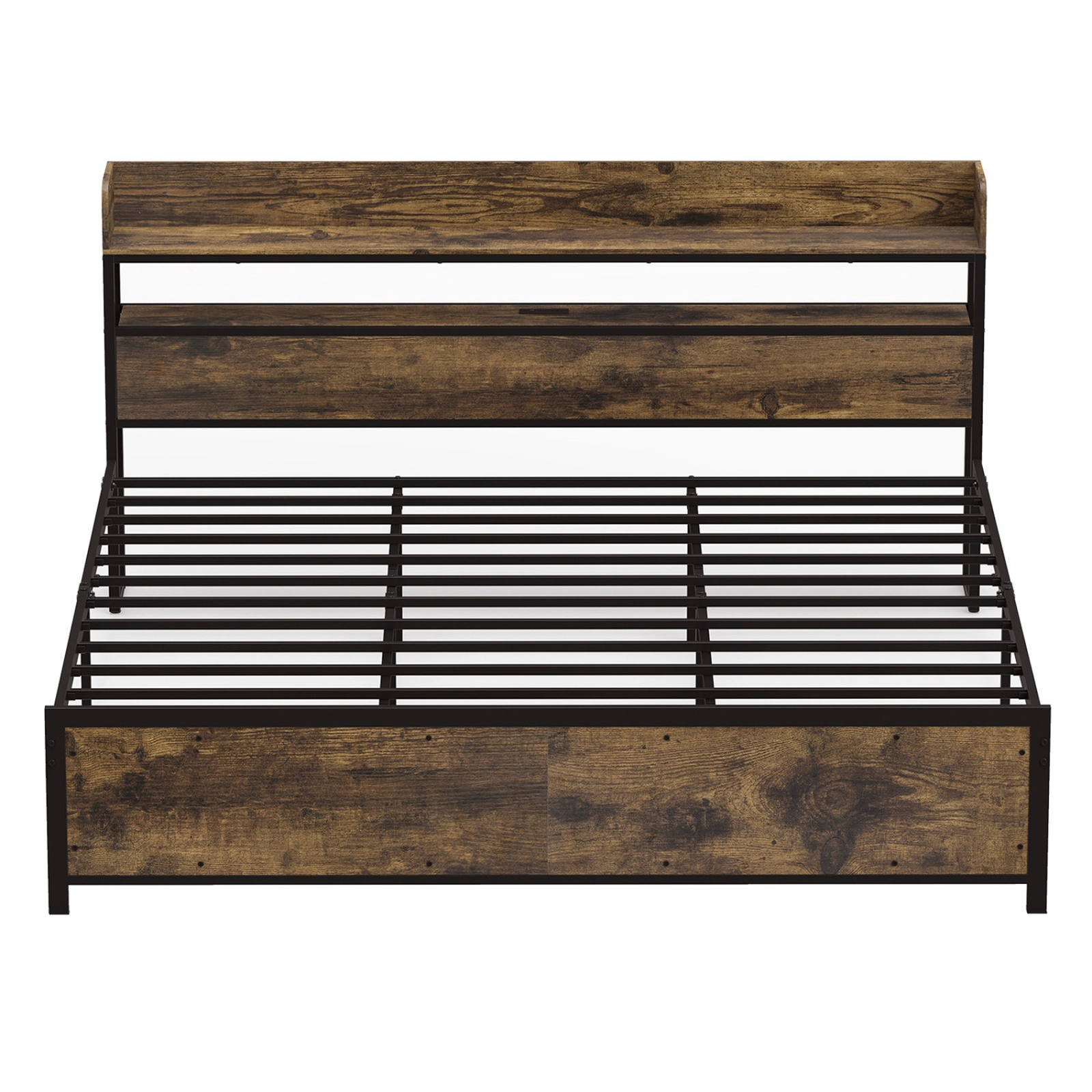 SUGIFT Rustic Brown Power Outlets Storage Headboard and Remote King Size LED Bed Frame