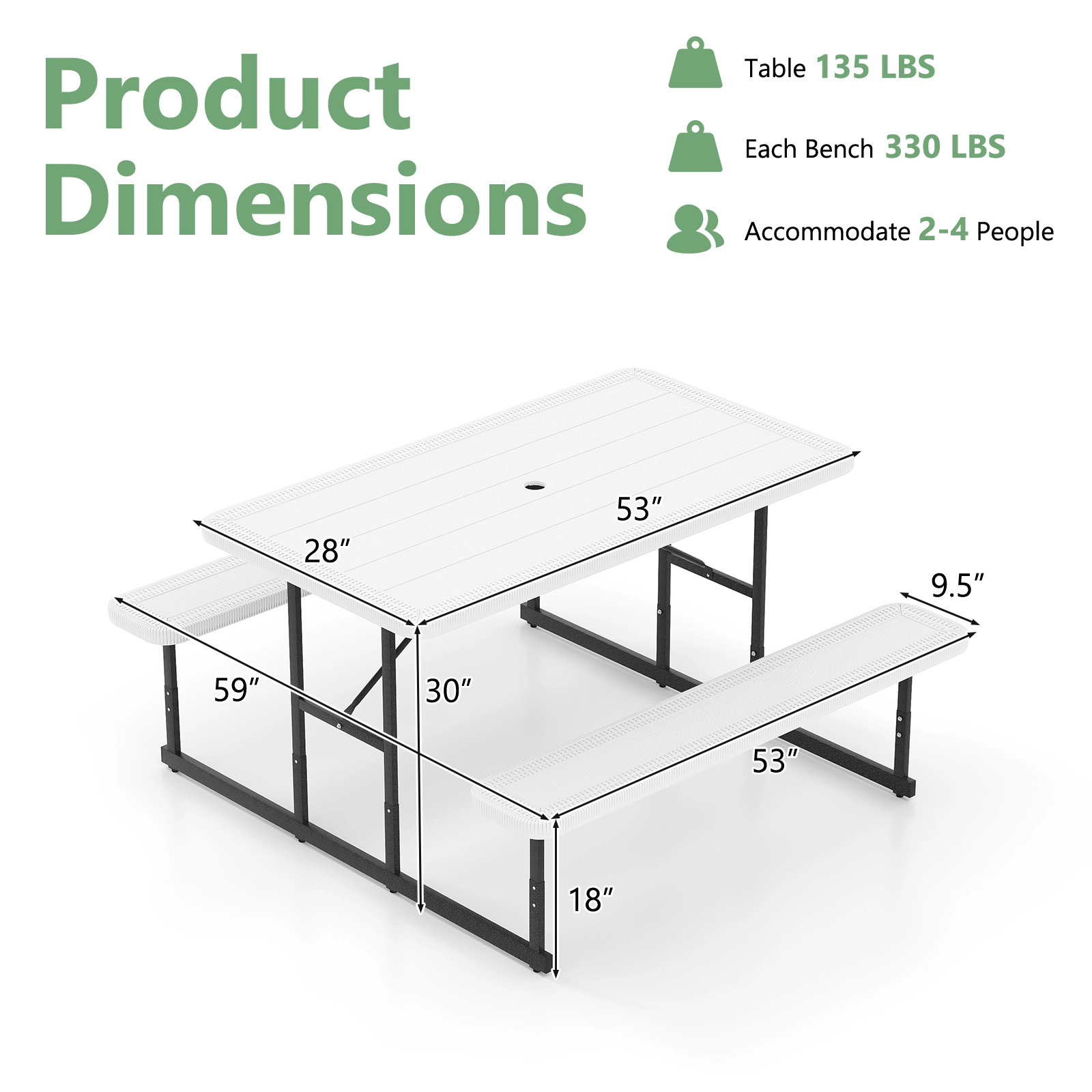 SUGIFT Picnic Table Bench Set White HDPE Rectangular Camping Dining Table for 2-4 People