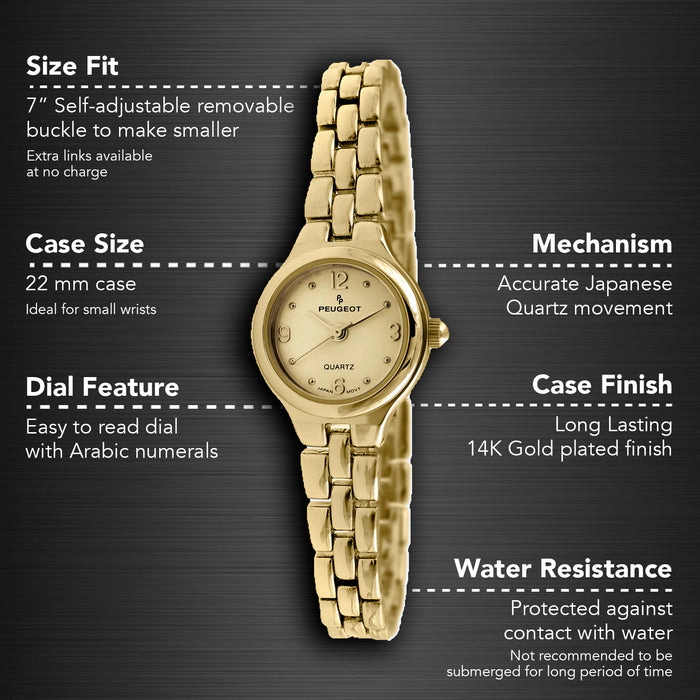 Peugeot Women's 22mm Gold Dial Round Self-Adjust Link Bracelet Watch