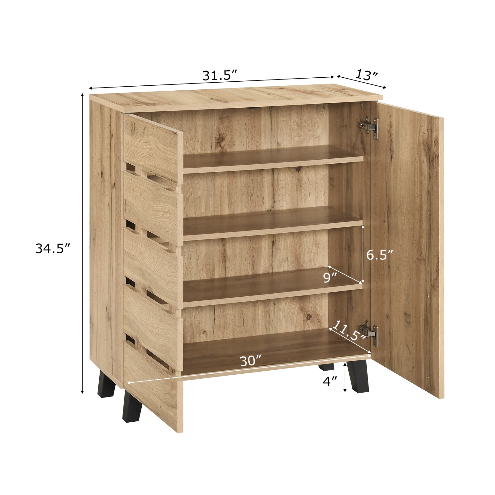 SUGIFT 4-Tier Shoe Cabinet Natural 2-Door Storage Organizer with Louvered Door