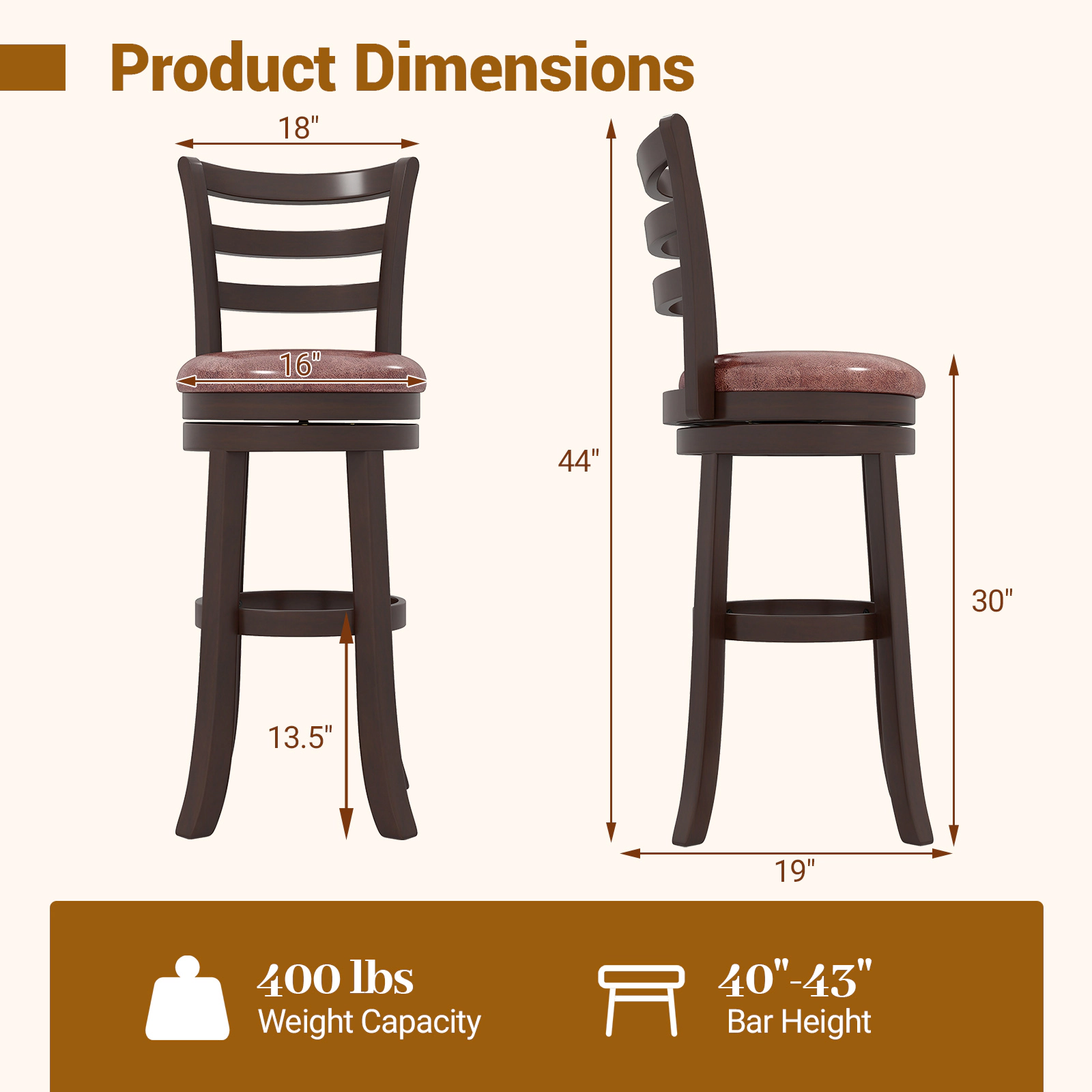 SUGIFT Counter Height 360° Swivel Bar Stools Set of 2 with Faux Leather Seat 400-lb Capacity Cappuccino