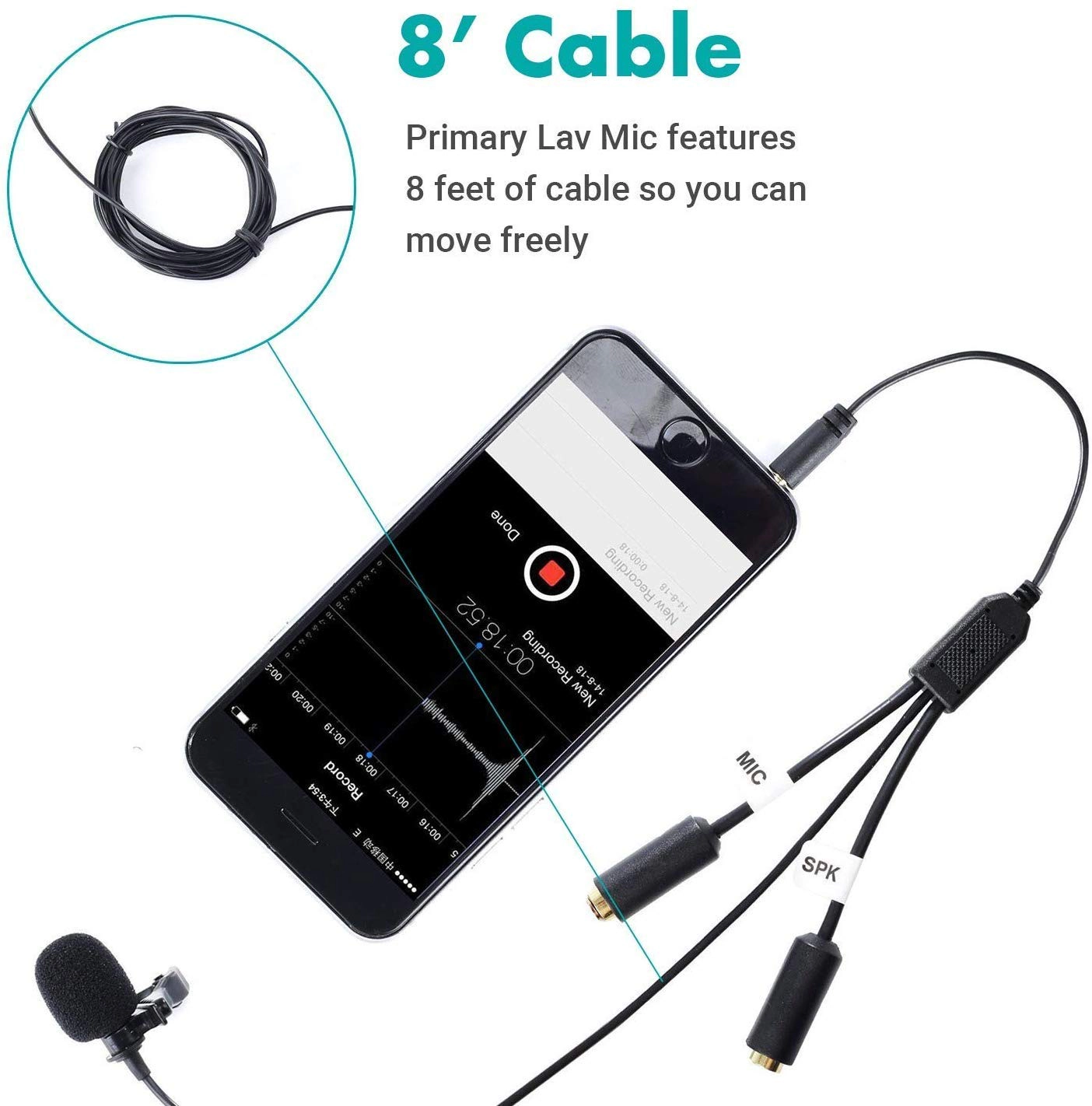 Movo Professional Lavalier Lapel Clip-on Interview Podcast Microphone with Secondary Mic and Headphone Monitoring Input