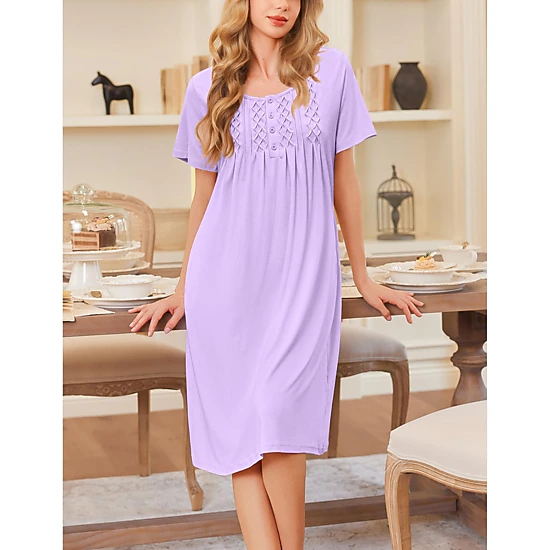 Ekouaer Cotton Nightgowns House Dress Pleated Night Gown Button Sleep Shirt Ladies Nightdress