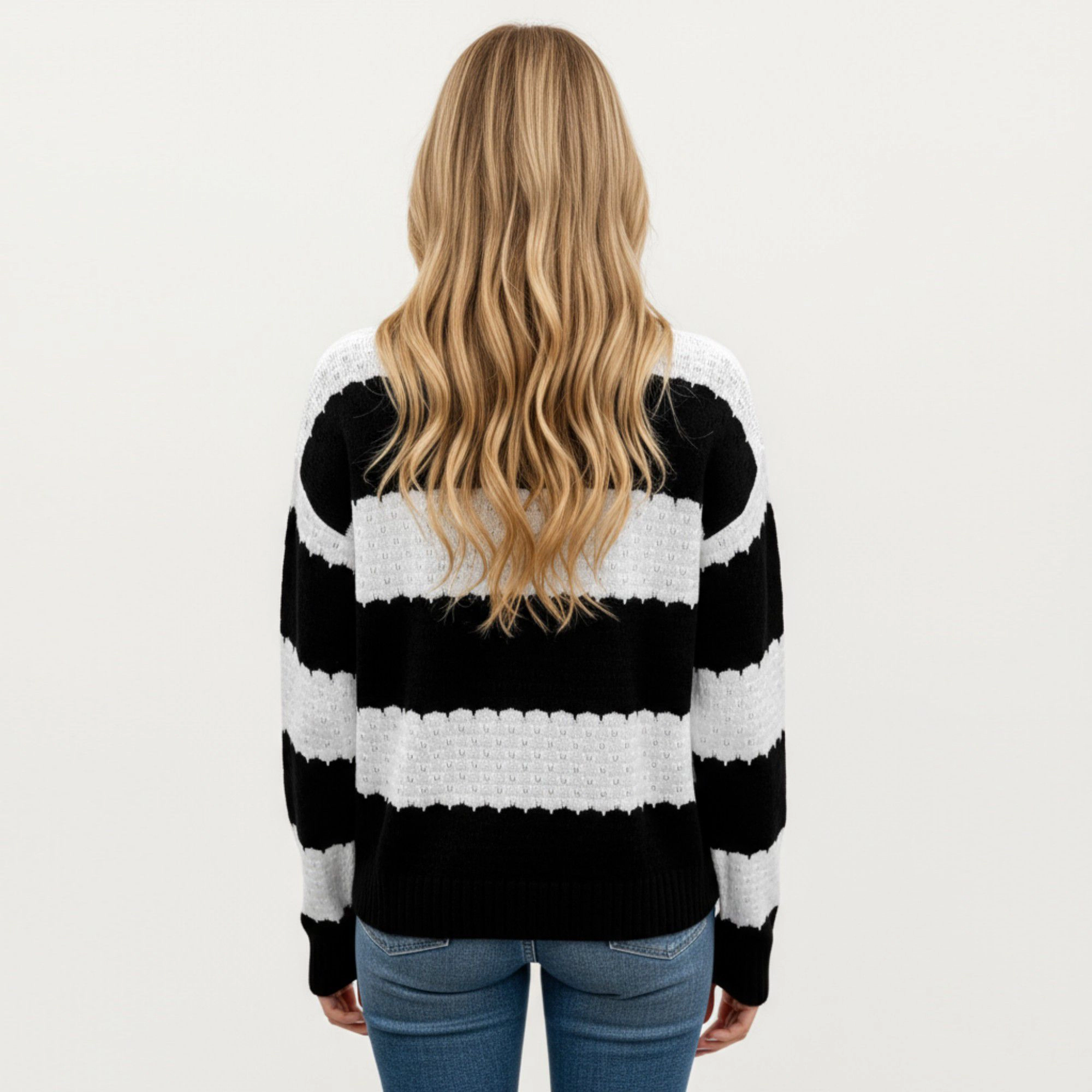Anna-Kaci Women's Long Sleeve Knit Sweater with Bold Horizontal Stripes and Ribbed Trim