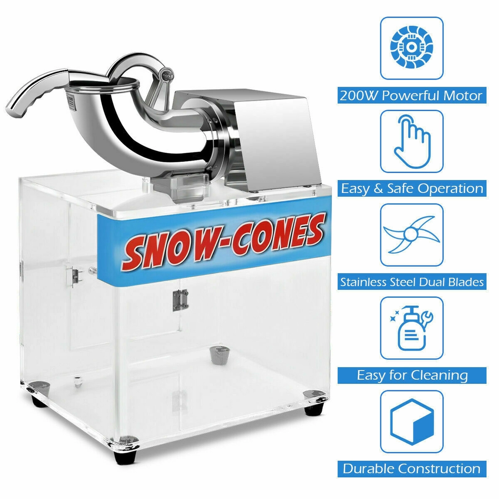 SUGIFT Stainless Steel Electric Snow Cone Machine with Dual Blades and Acrylic Ice Box 16.5-in W 12.5-in D 24-in H