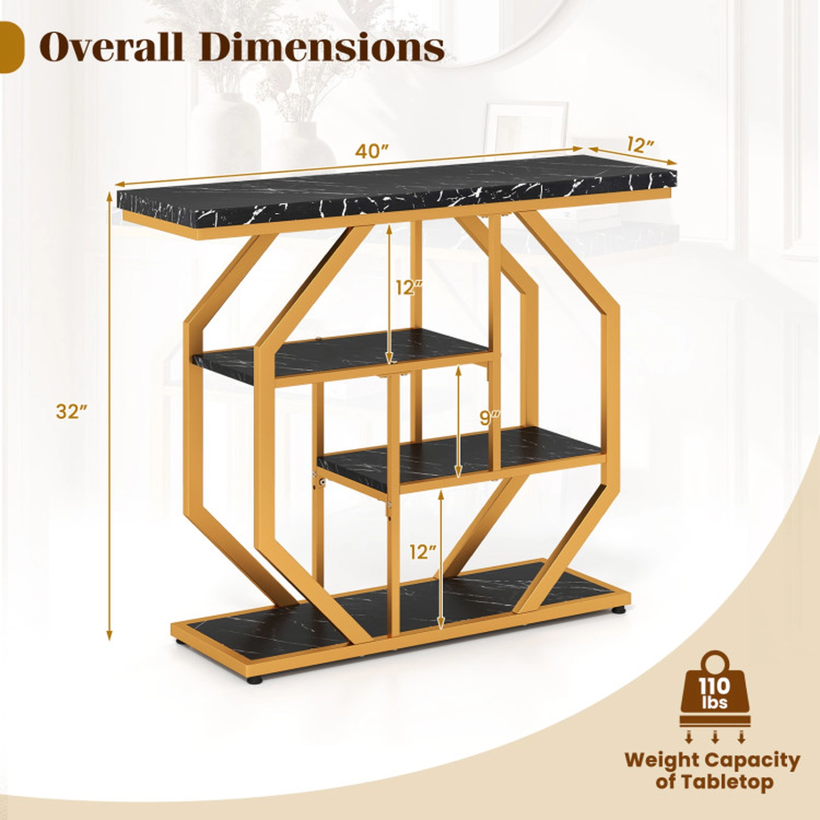 SUGIFT 4-Tier Console Sofa Table with Faux Marble Tabletop 110-lb Tabletop Capacity Black & Gold