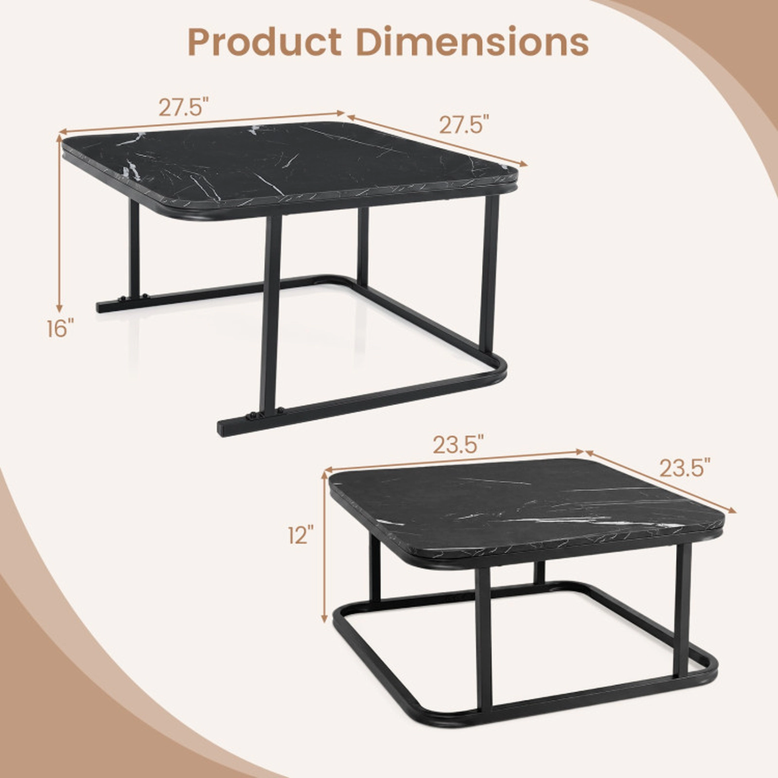 SUGIFT Set of 2 Nesting Faux Marble Top Metal Frame Coffee Tables 27.5-in x 27.5-in x 16-in 66-lb Capacity Black