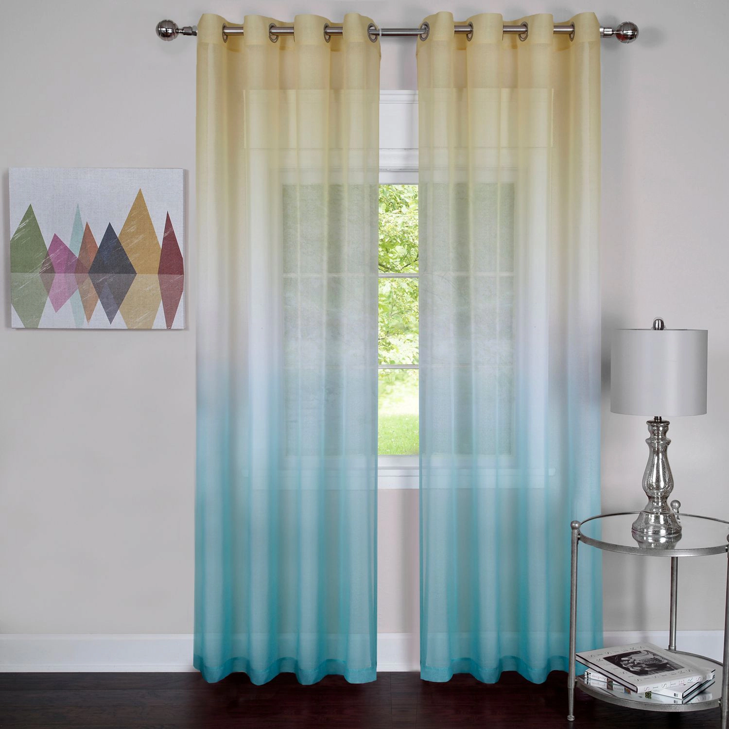 Kate Aurora 2 Piece Blue & Yellow Ombre Summery Sheer Grommet Top Curtain Panels - 84 in. Long