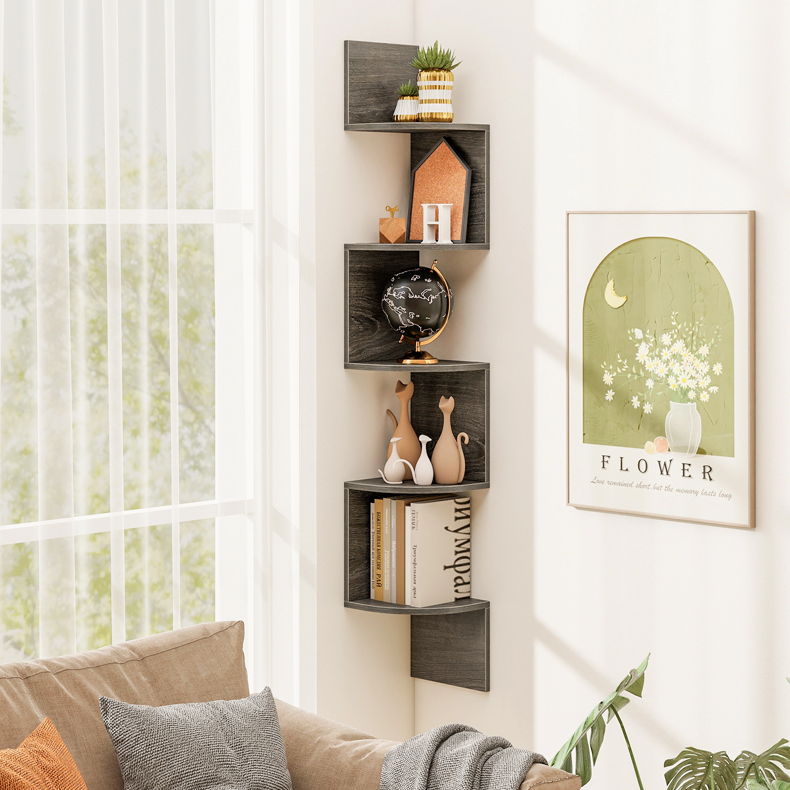SUGIFT 5-Tier French Oak 50-in Wall Mounted Floating Corner Bookshelf with 6 Mounting Kits and 15-lb Tiers