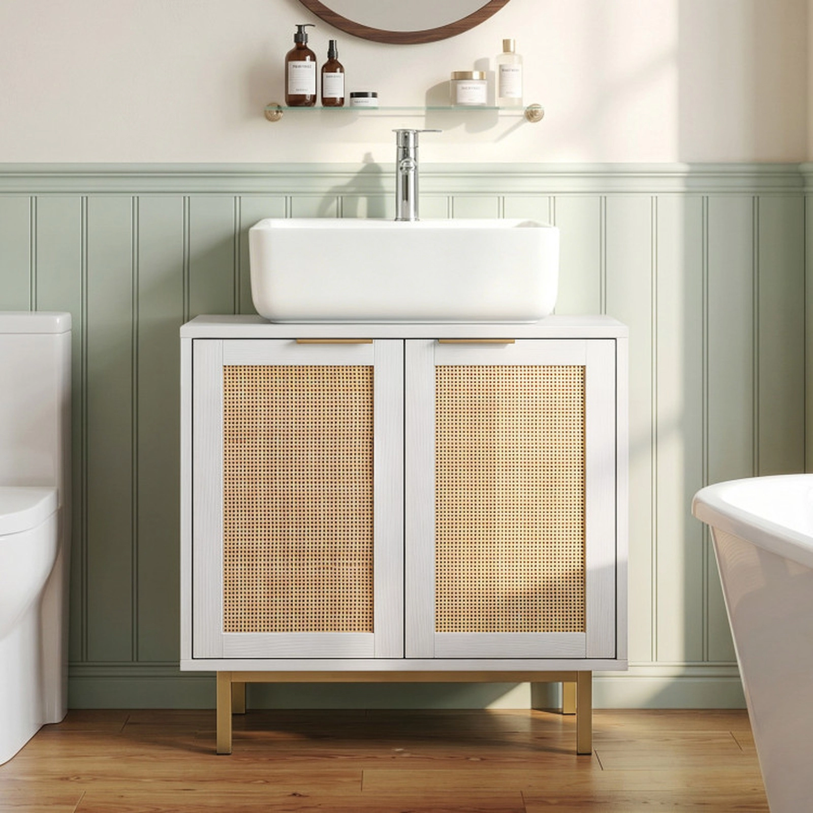 SUGIFT White 66-lb Capacity Rattan Door Bathroom Vanity Cabinet with U-Shaped Cut-Out and Metal Legs