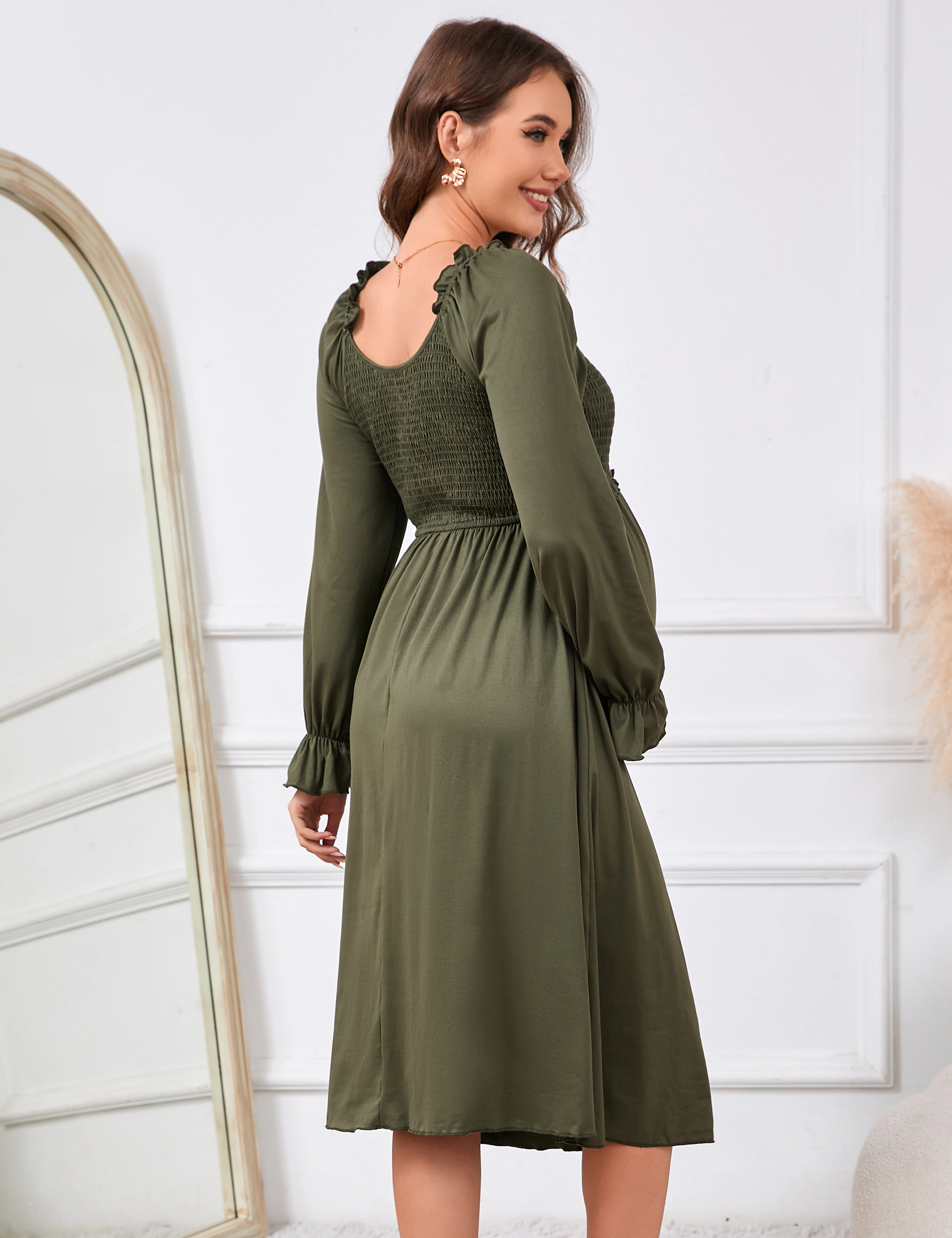 KOJOOIN Maternity Smocked Maxi Dress for Women V-Neck Long Sleeve Flowy
