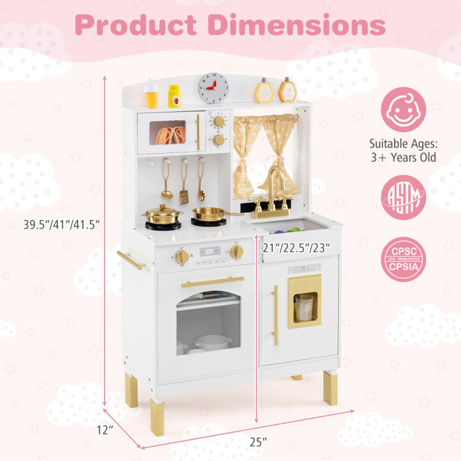 SUGIFT Gold 3 Adjustable Heights Microwave and Ice Maker Kids Wooden Chef Play Kitchen