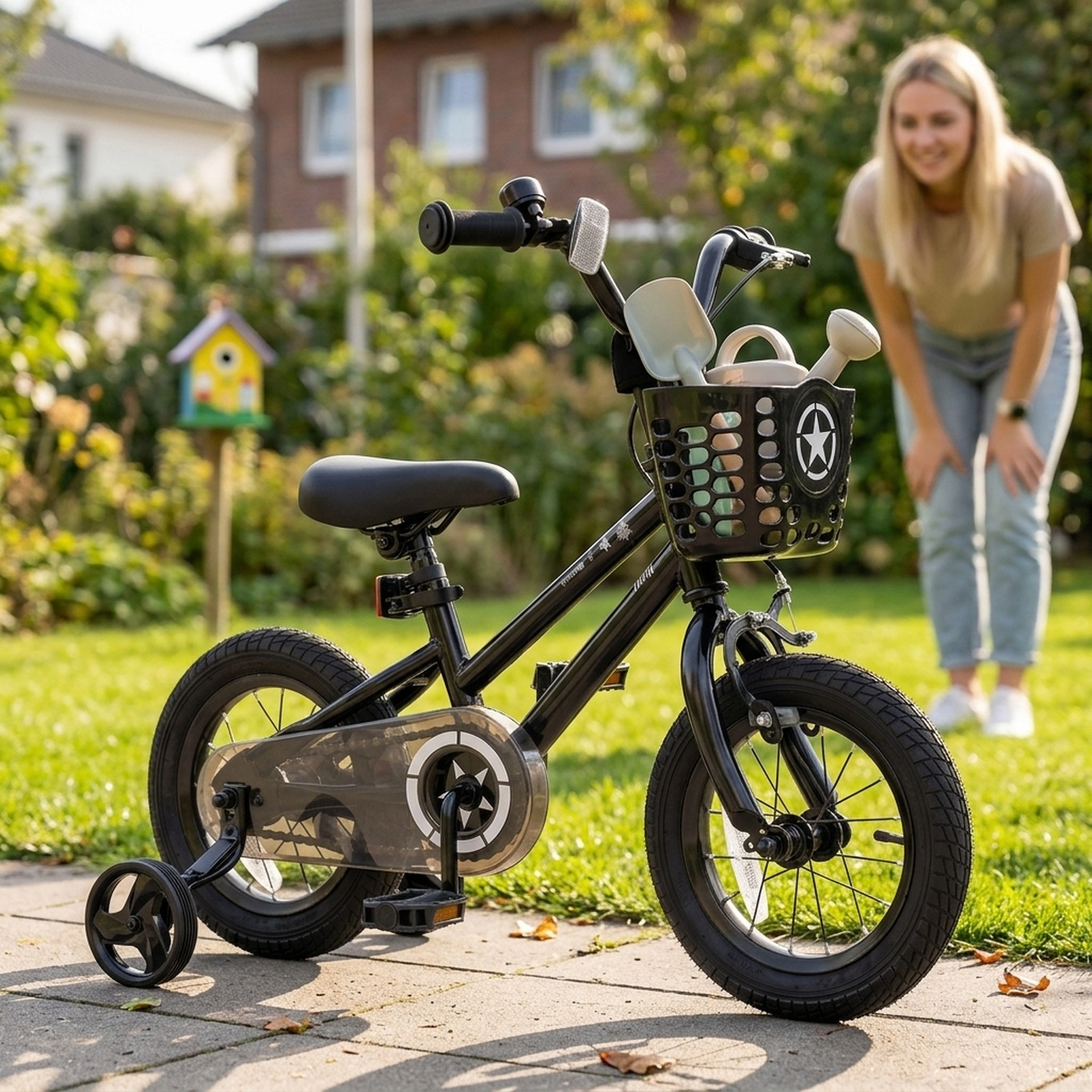 12-in Kids Bike with Front Basket Removable Training Wheels and Adjustable Seat Dual Brakes Boys/Girls Ages 3-4 Black