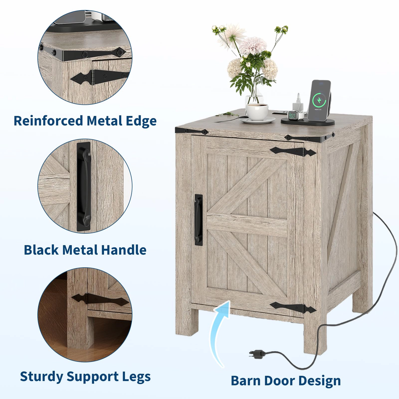 BebreezChic Set of 2 with USB Charging Station, Rustic Bedside Table with Sliding Barn Door and Adjustable Shelf
