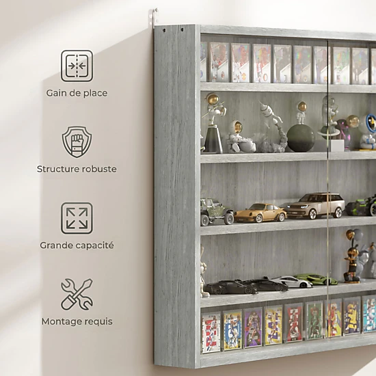 HONGGE 5-Tier Display Cabinet Wall-Mounted Display Case with 2 Glass Doors and Adjustable Shelves