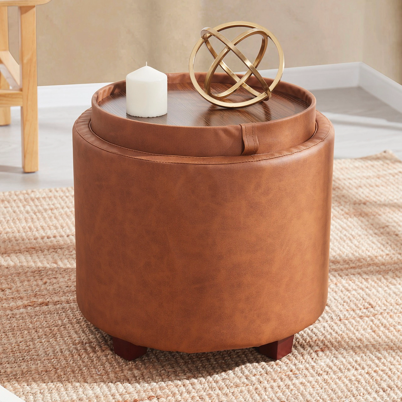 Ornavo Home Round Faux Leather Storage Ottoman with Table Top Lid