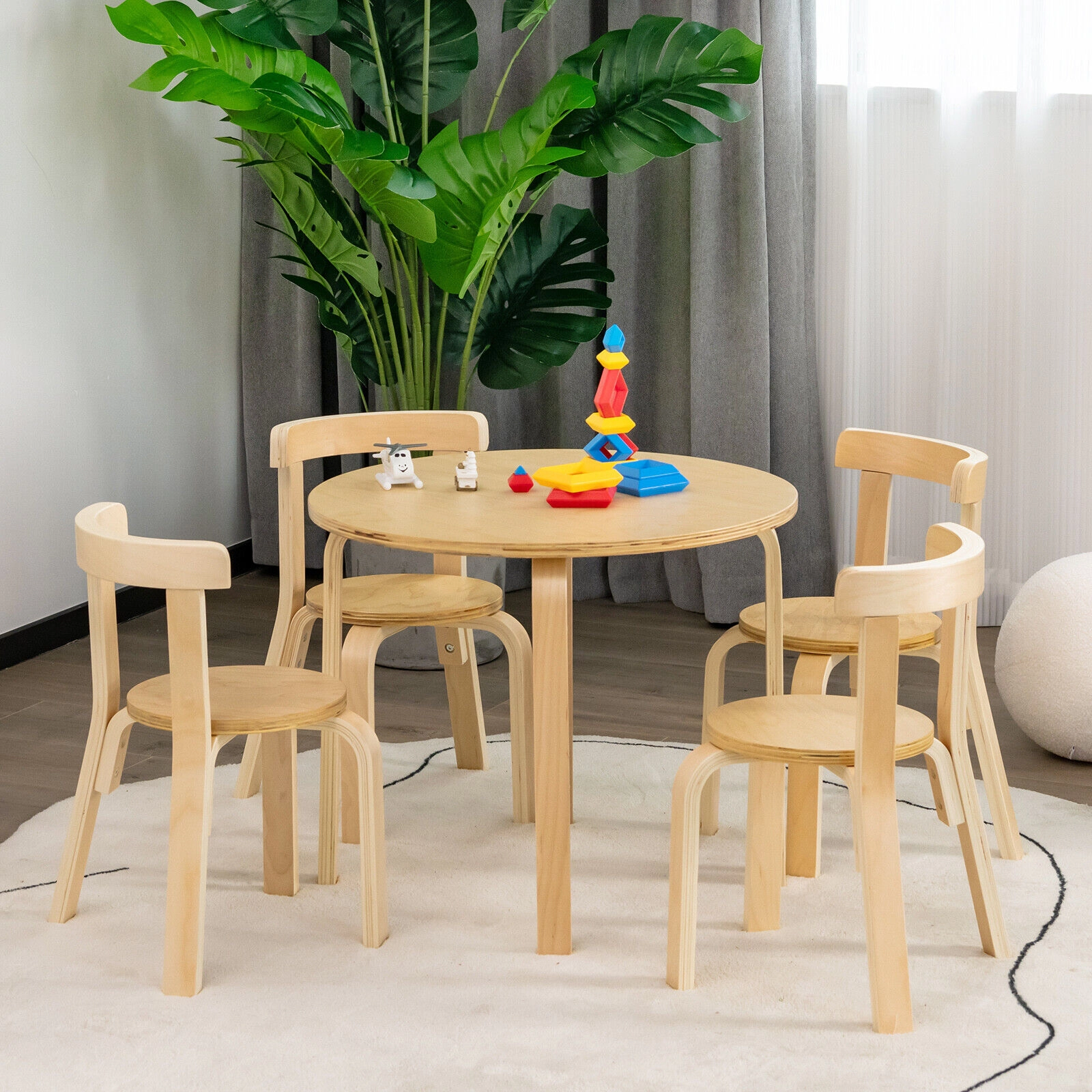 SUGIFT 5-Piece 55-lb Capacity Kids Wooden Round Activity Table and 4 Curved Back Chairs with Toy Bricks