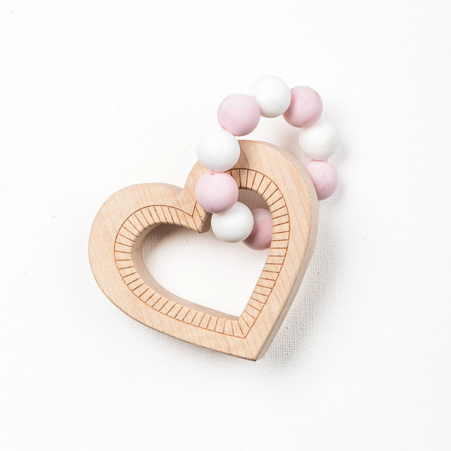 Miller Boys Vintage Heart Pink Silicone Bead Teether with Natural Wood and Organic Cotton Bag
