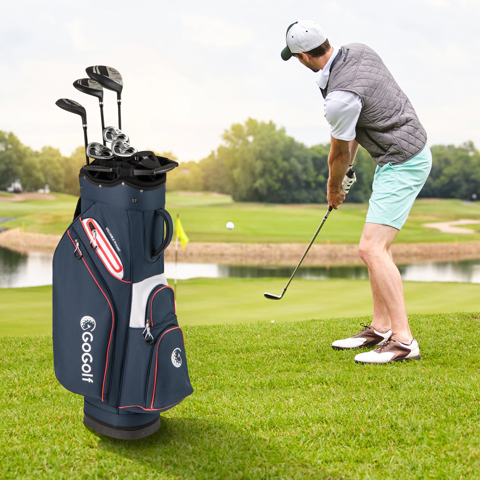 SUGIFT Navy 14-Way Top Dividers 6 Pockets and Rain Hood Golf Cart Bag