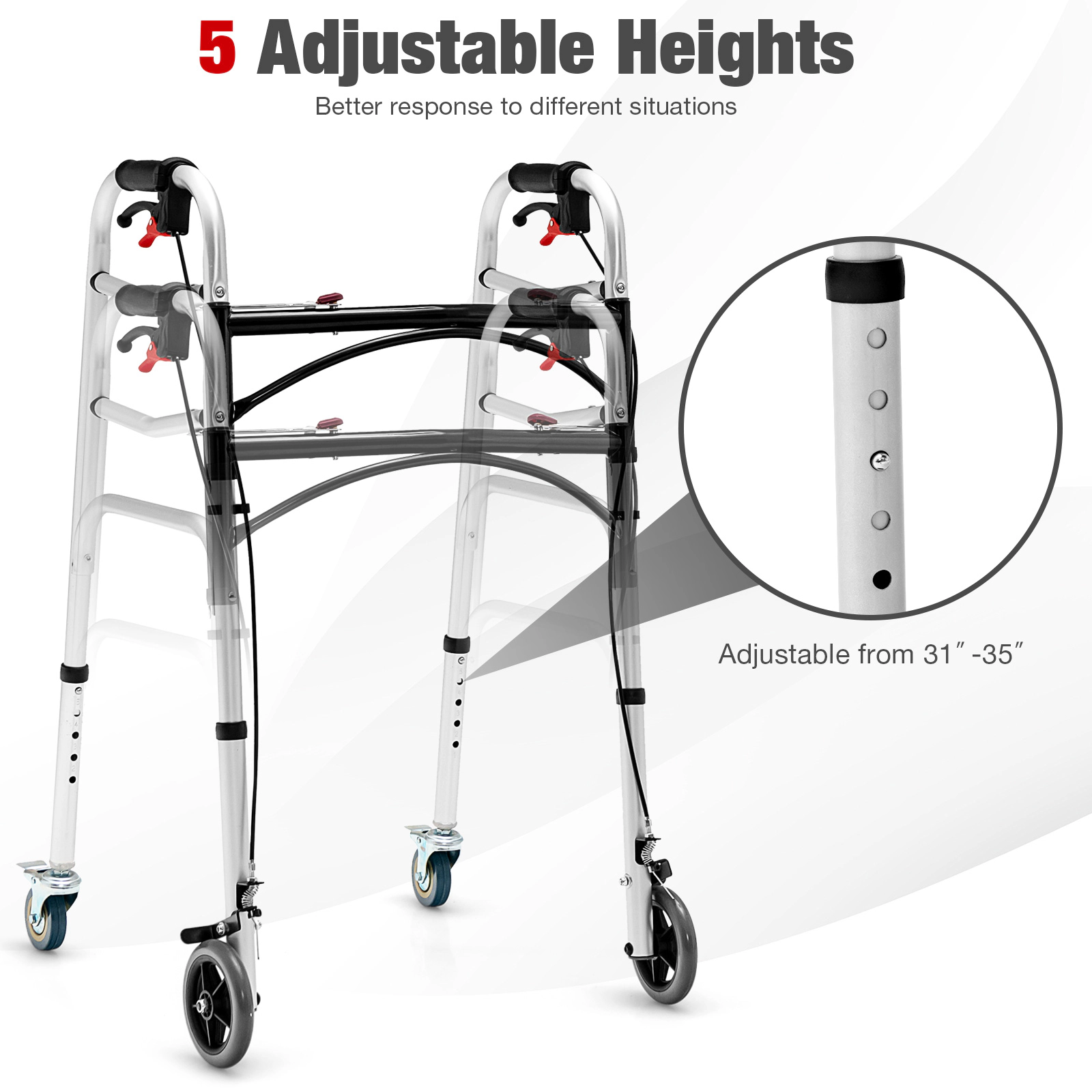 SUGIFT Height Adjustable Aluminum Walker Folding Chair with Rolling Wheels and Brakes 350-lb Capacity Silver
