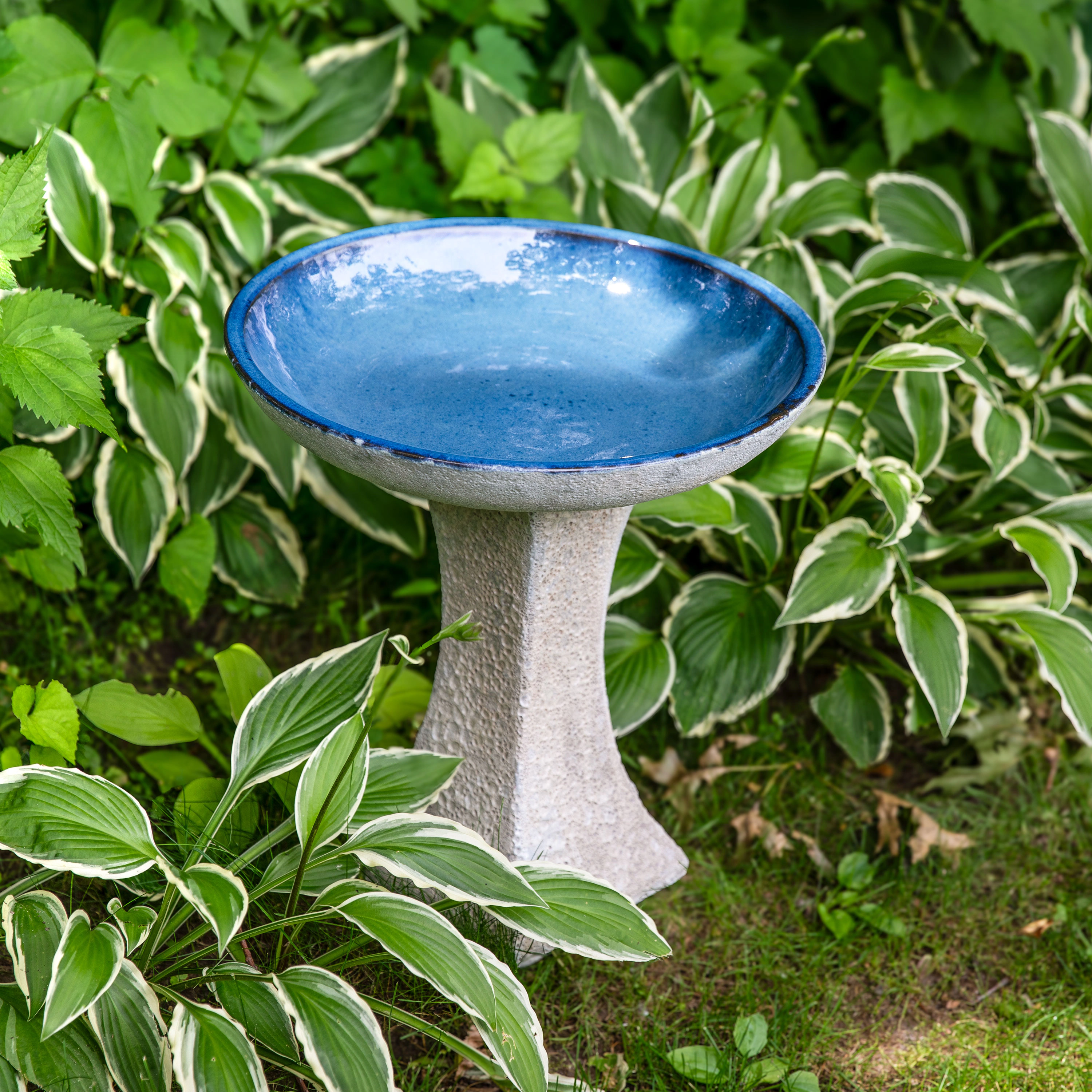 Sunnydaze Ceramic Bird Bath Bowl,16” H, Blue Glaze Basin, White Lava Finish