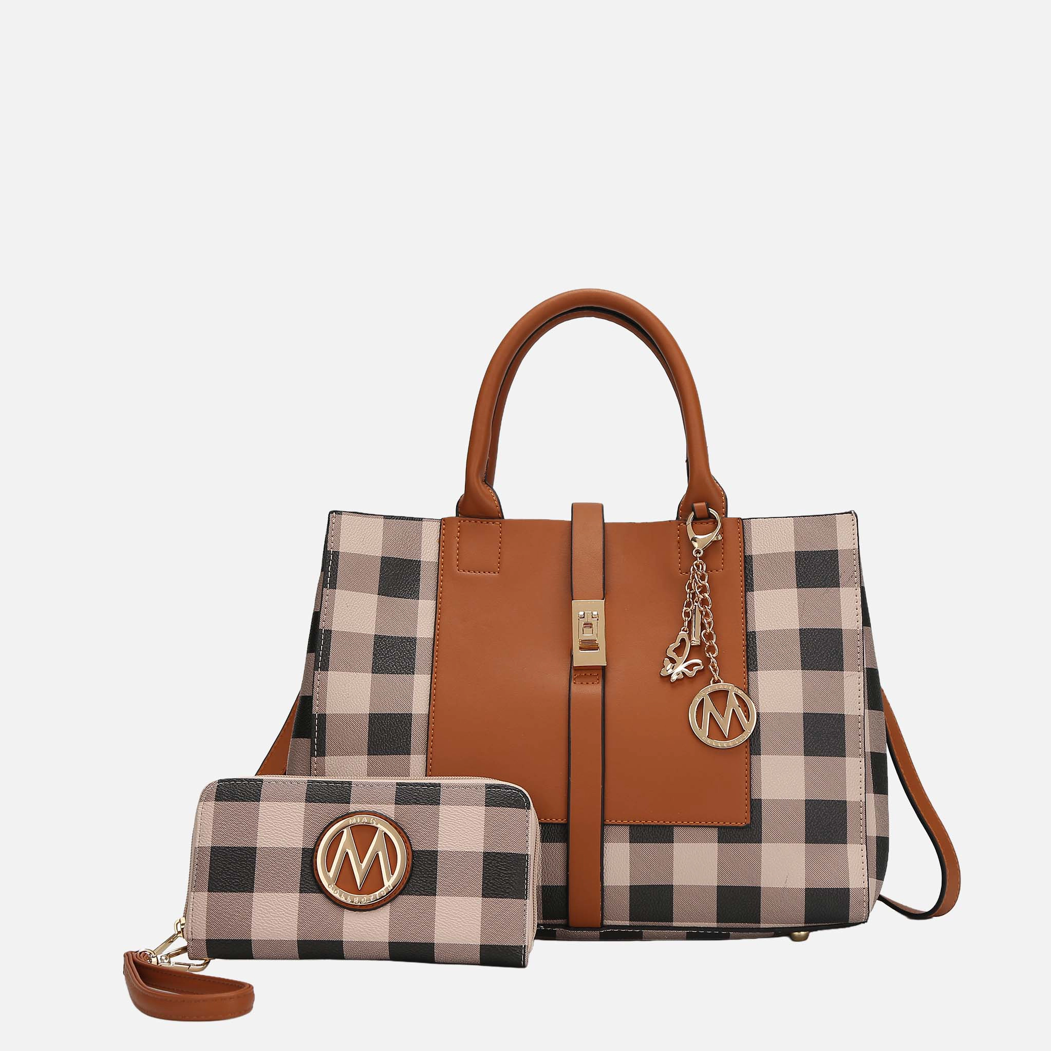 MKF Collection Yuliana Checkered Vegan Leather Satchel with Matching Wallet, Cognac Brown