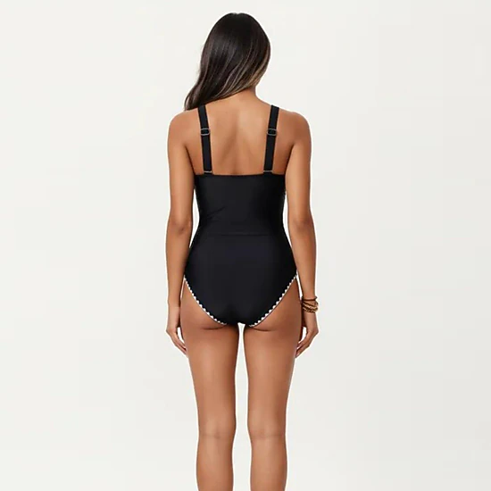 Anna-Kaci Women's One-Piece Swimsuit with Deep V Neckline Textured Waistband and Contrast Trim