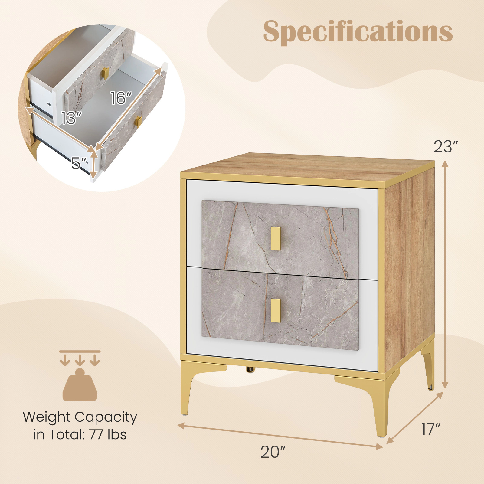 Hivvago Storage Nightstand with Two Sliding Drawers