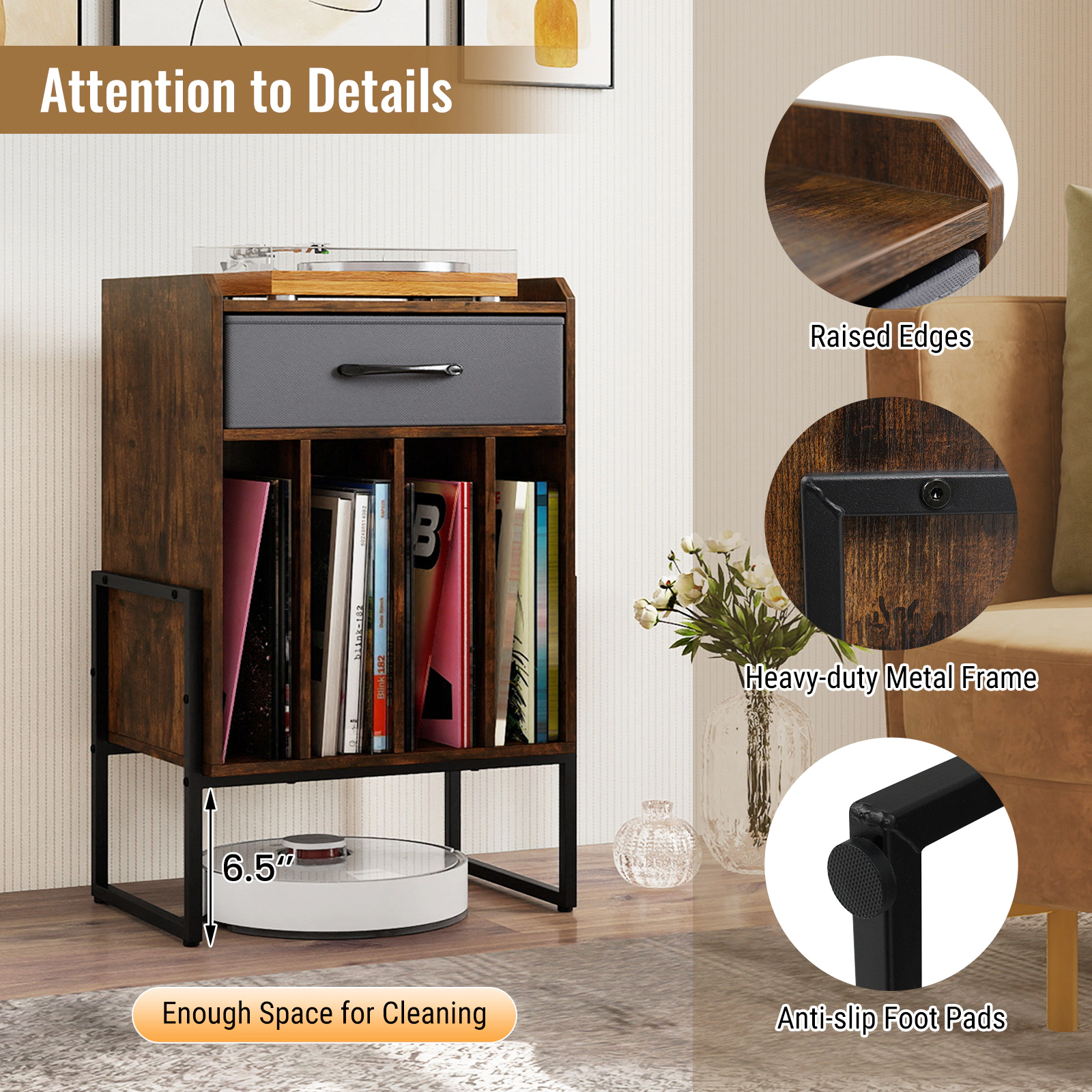 SUGIFT 27-Inch Rustic Brown Record Player Stand with Fabric Drawer and Vinyl Storage