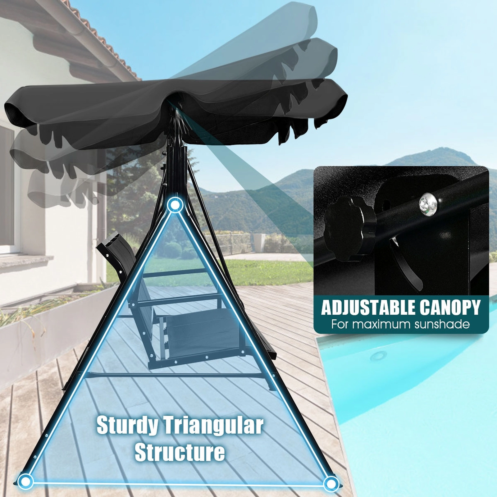 SUGIFT 67-in Wide 3 Person Patio Swing Chair with Polyester Angle Adjustable Canopy 550-lb Capacity Black/Brown/Blue