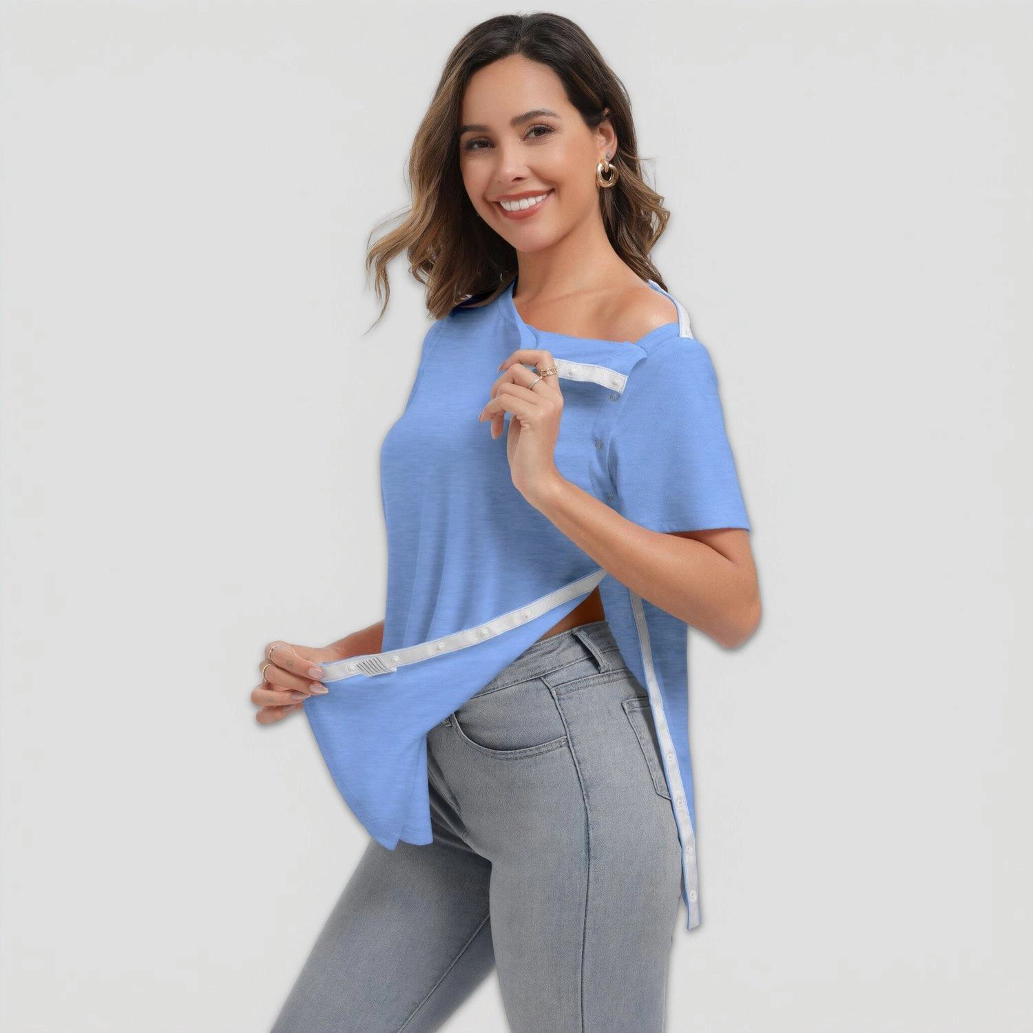 Pinspark Womens Short Sleeve Snap Side Nursing T-shirts Off Shoulder Adaptive Tops