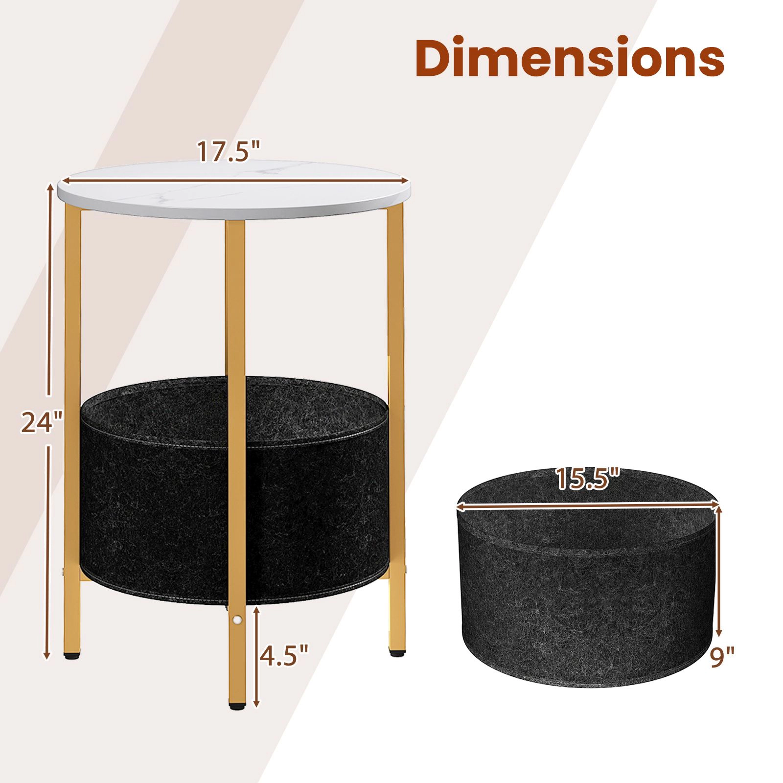 SlickBlue Round End Table with Removable Felt Storage Basket