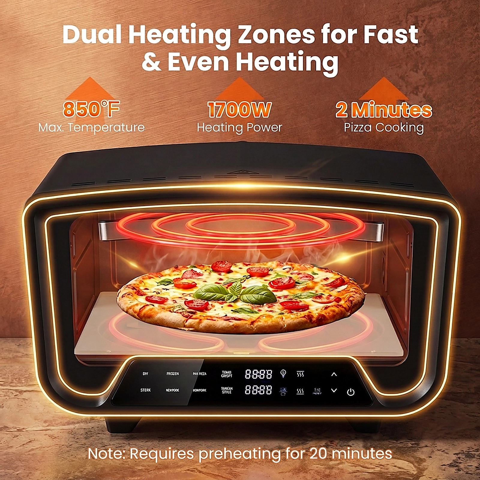 SUGIFT Dual Heating Zone Indoor Electric Pizza Oven 1700W 850 F Max 8 Presets 12.5-in Stone for 12-in Pizzas Black