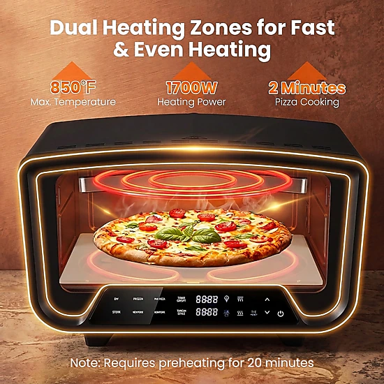 SUGIFT Dual Heating Zone Indoor Electric Pizza Oven 1700W 850 F Max 8 Presets 12.5-in Stone for 12-in Pizzas Black